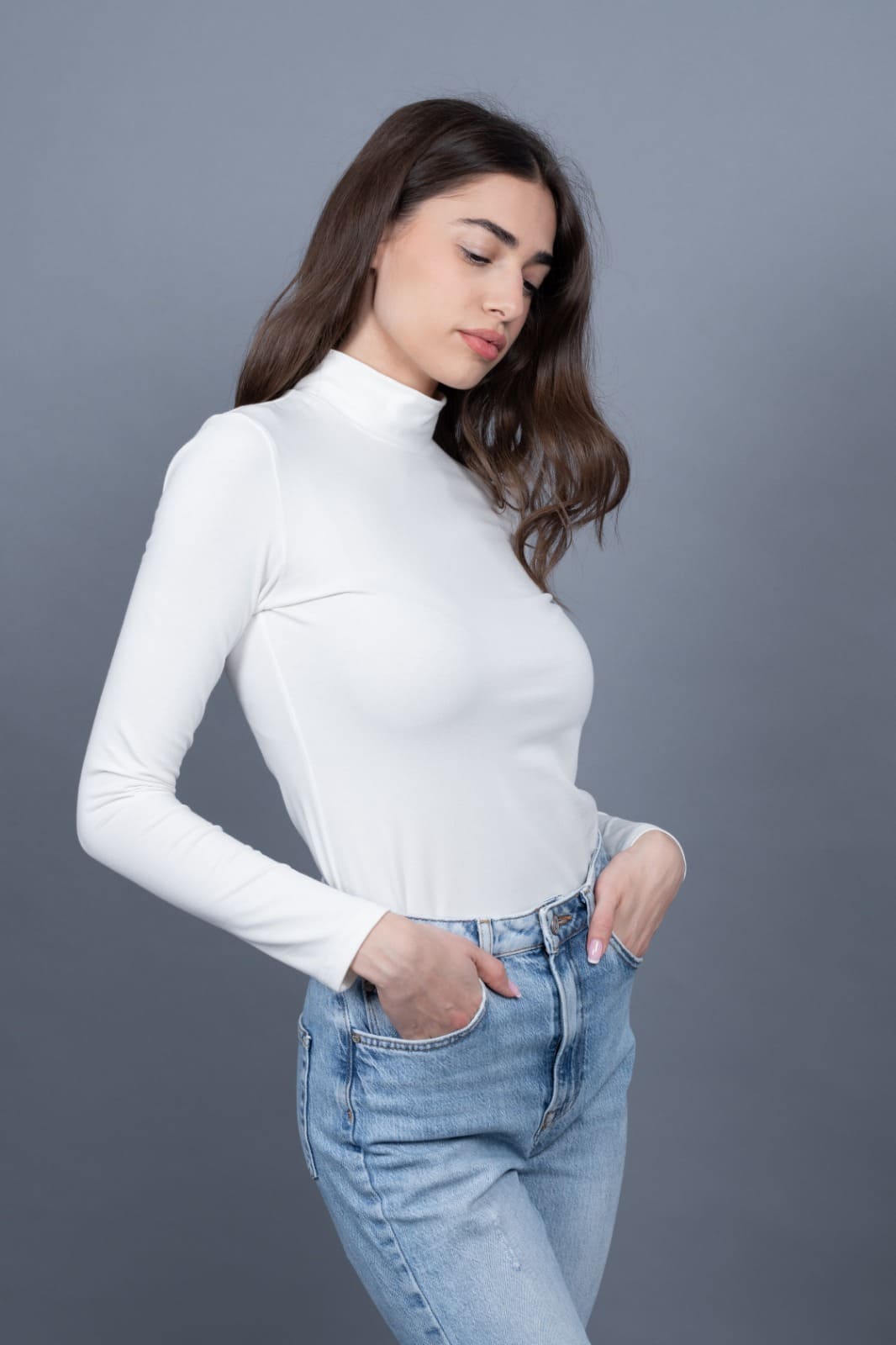 Bluză femei cu guler înalt - Crem