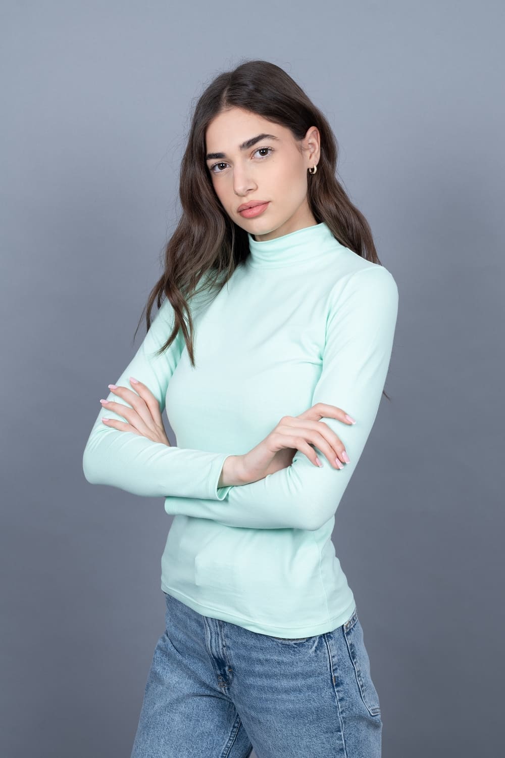 Bluză femei cu guler înalt - Turcoaz