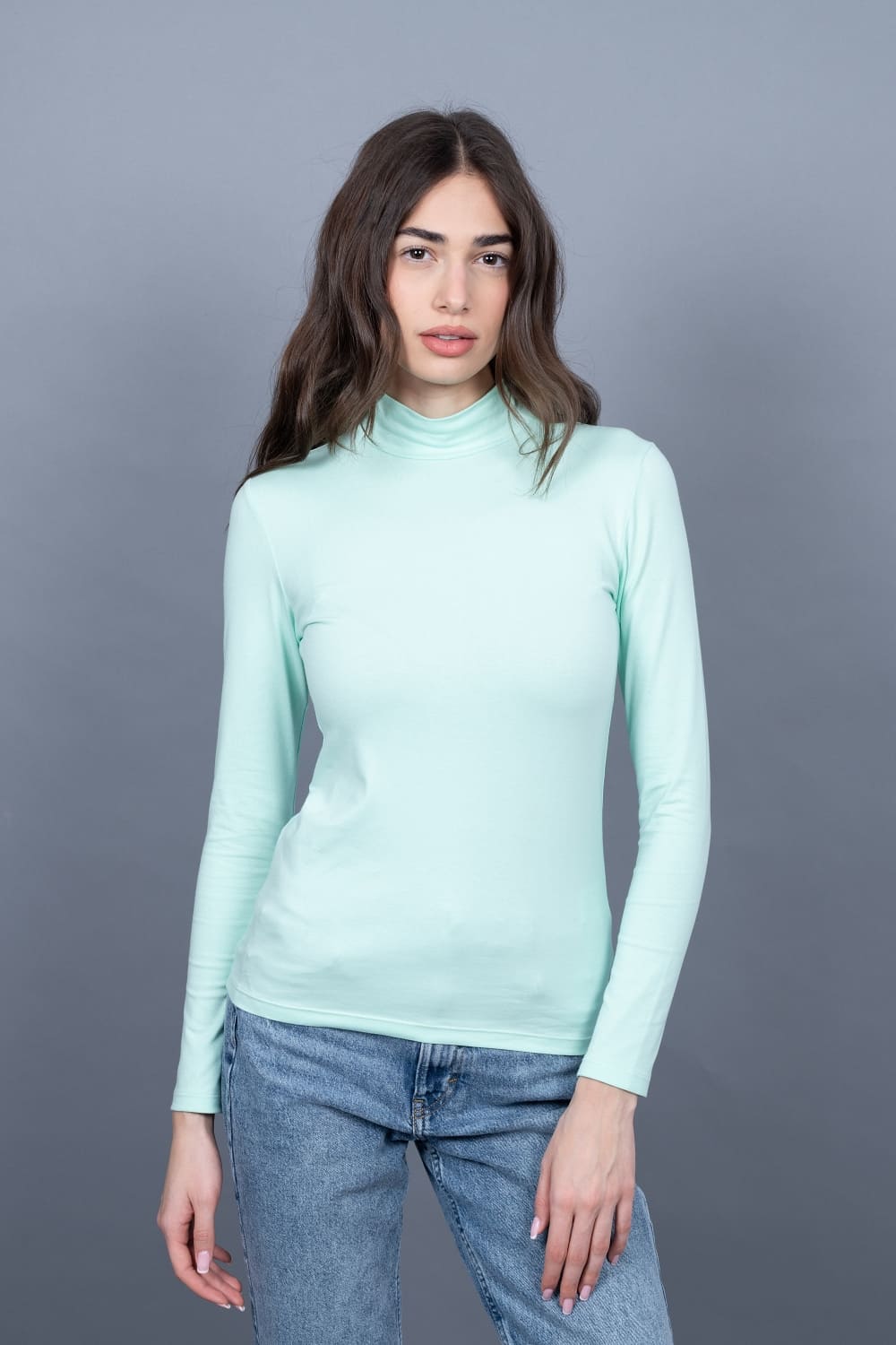 Bluză femei cu guler înalt - Turcoaz